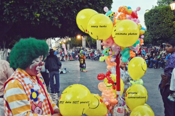 Picture of a clown with balloons with text on them that relate to the Bezos hacking events