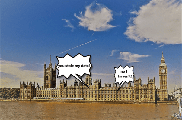 a photograph of the houses of parliament with cartoon speech bubbles saying "you stole my data" "no I didn't" this relates to non DPA compliance in parliament