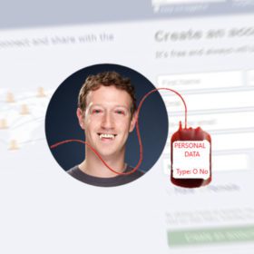 A picture of Mark Zuckerberg with graffiti over it to look like a vampire. He has a bag of blood next to him what has the label "Personal Data"