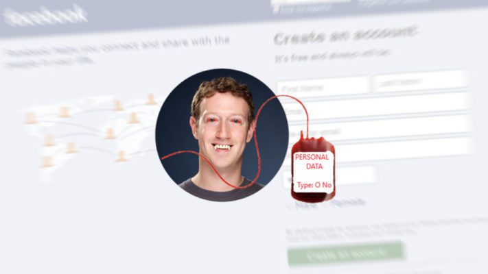 A picture of Mark Zuckerberg with graffiti over it to look like a vampire. He has a bag of blood next to him what has the label "Personal Data"